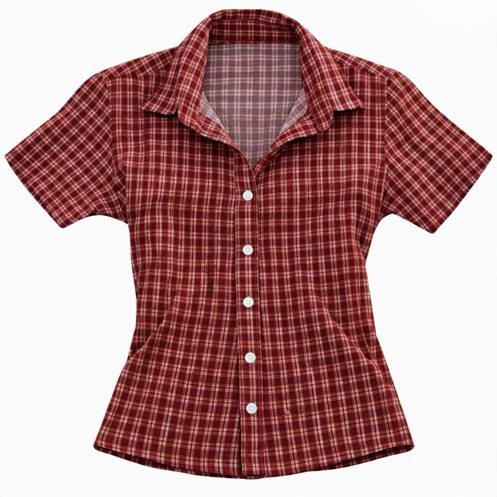 Y2K Red Plaid Short Sleeve Button Down Crop Top XS • Retro Preppy Everyday Style